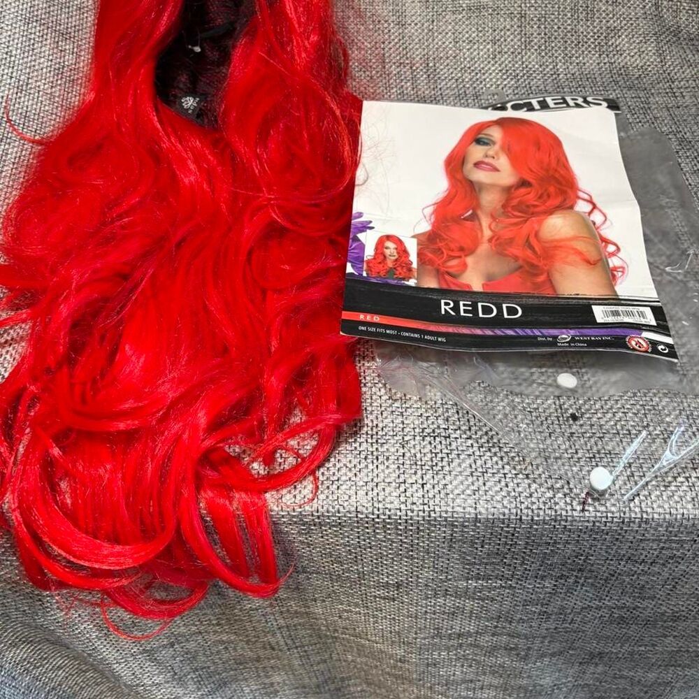 Red wig with long, wavy hair halloween costume
